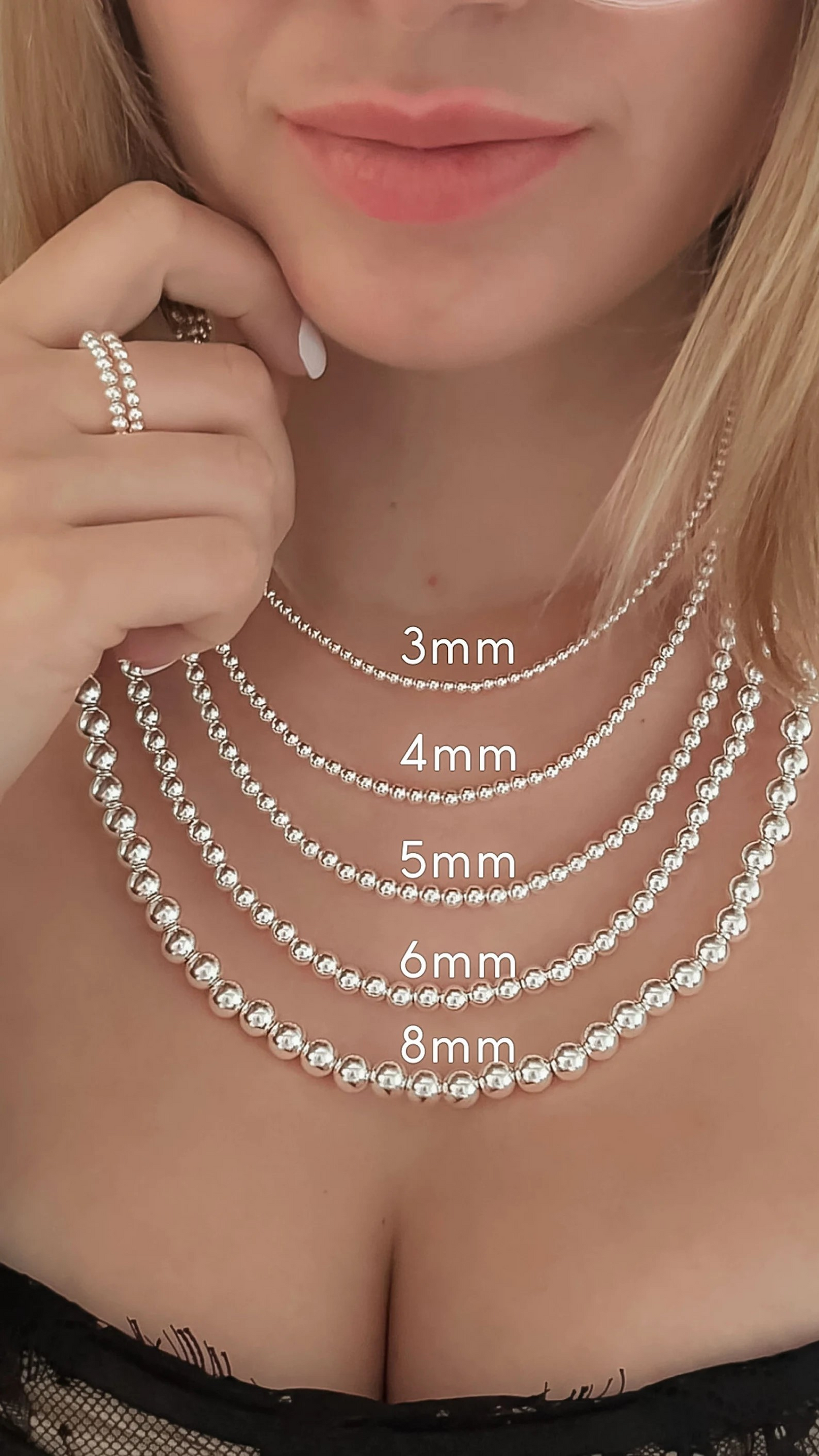 Stretch No Clasp Necklaces, (3mm, 4mm, 5mm, 6mm, 8mm & 10mm) Sterling Silver Necklace, Necklaces