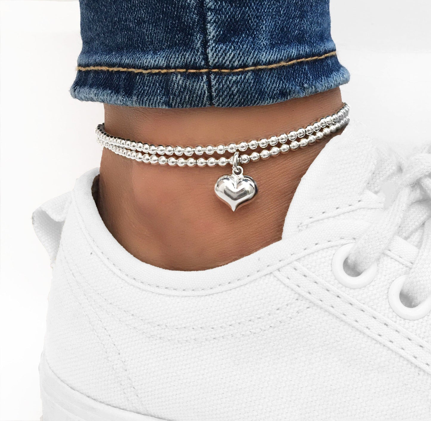Silver Stretch Puff Heart Anklet, Sterling Silver Anklet, Anklet, Silver Heart Anklet