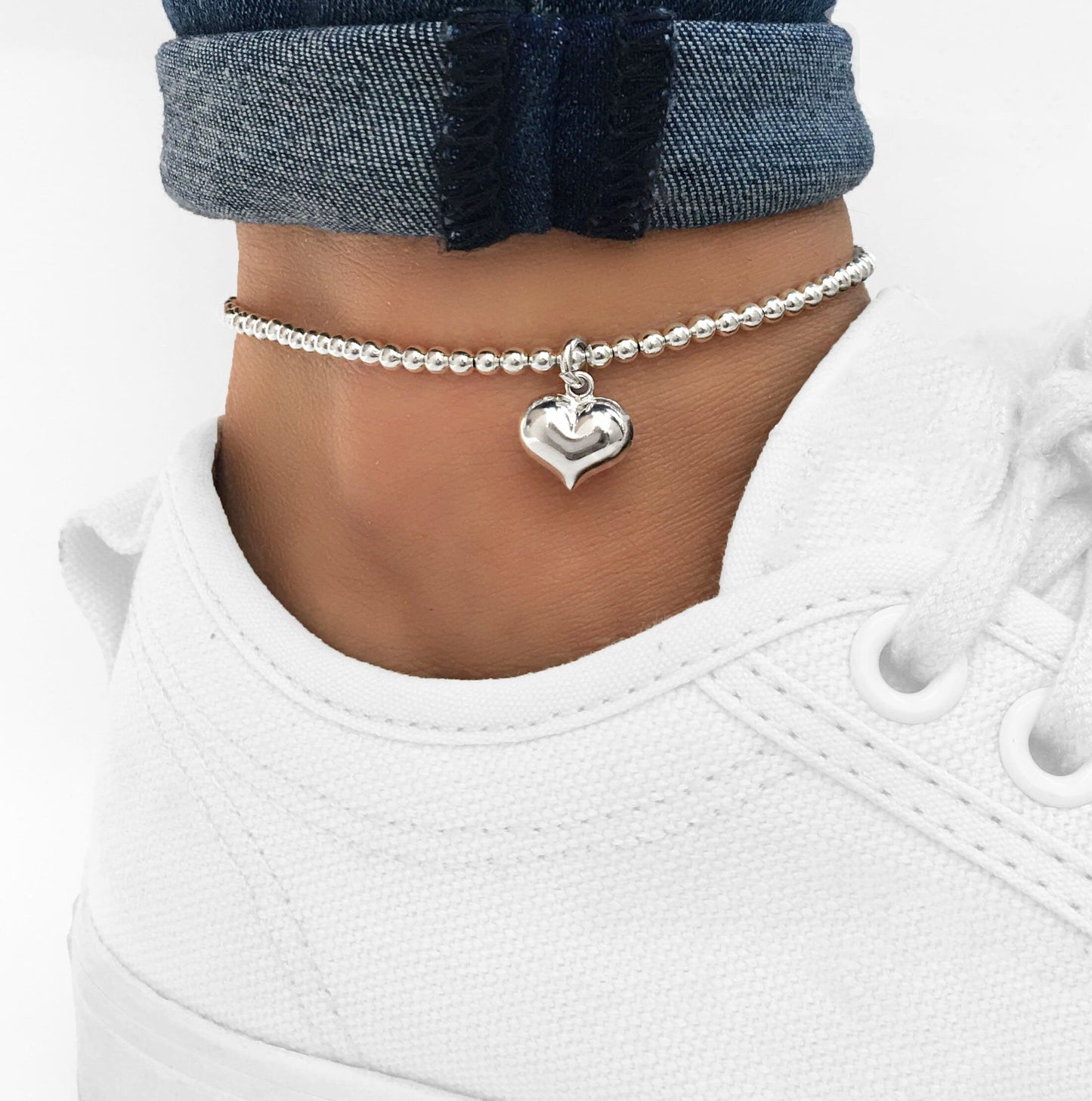 Silver Stretch Puff Heart Anklet, Sterling Silver Anklet, Anklet, Silver Heart Anklet