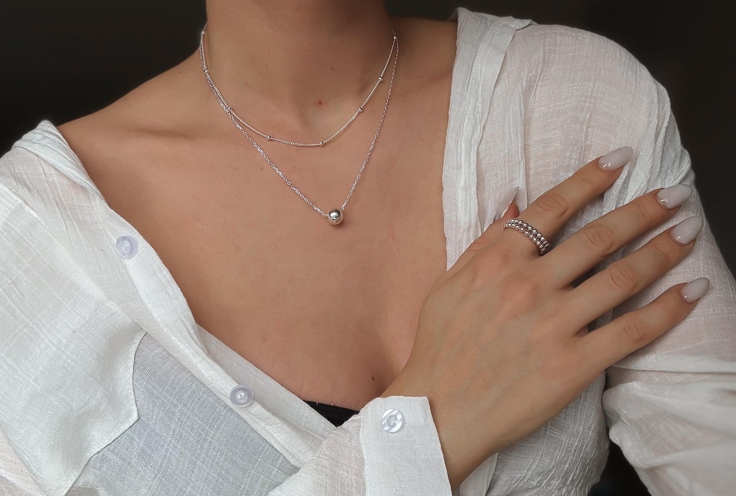 ItalianSilver Floating Bead Necklace, Dainty Necklace, Stacked Necklaces