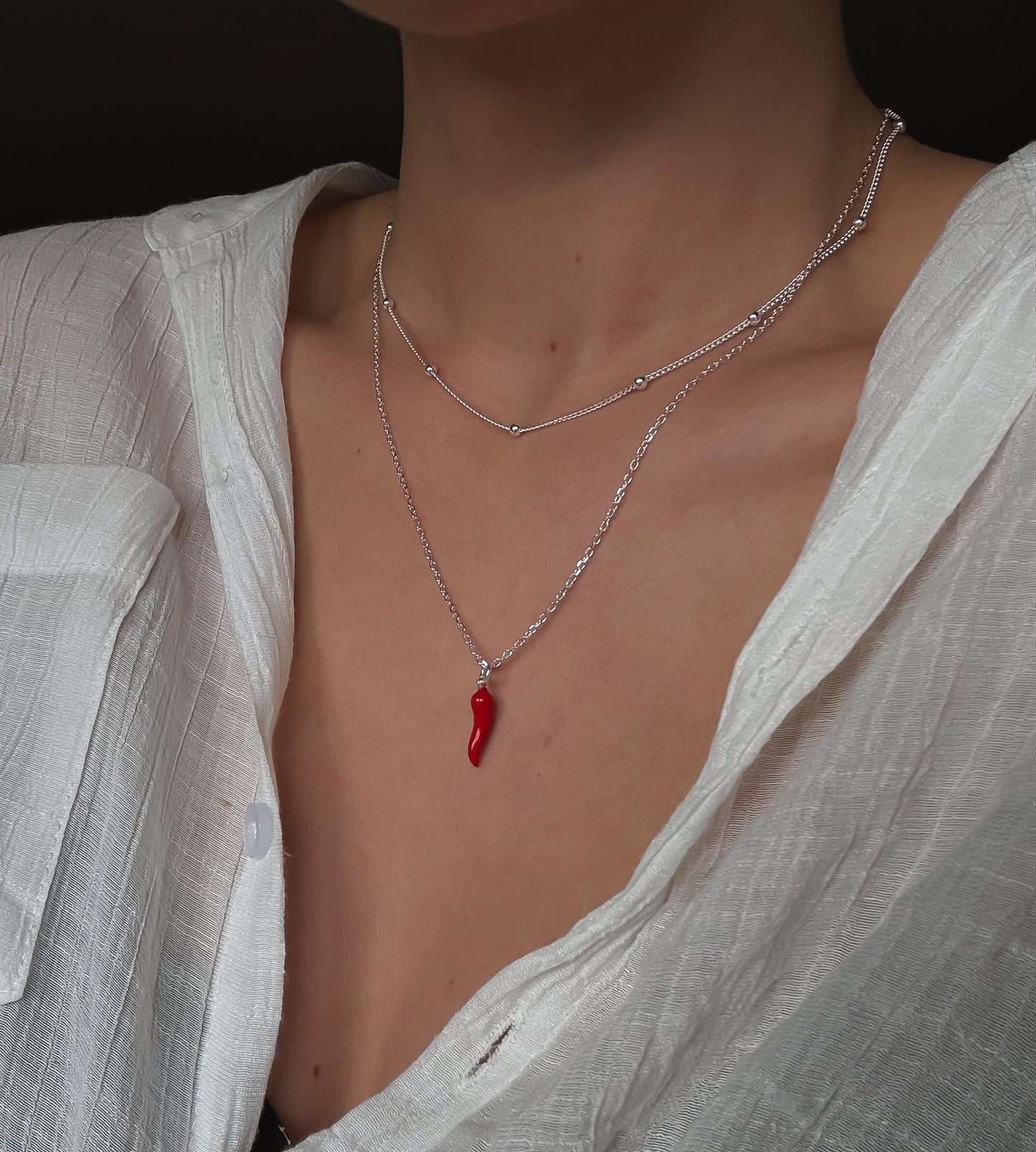 Italian Red Cornetto (Italian Horn) Necklace, Malocchio Necklace, Dainty Necklace