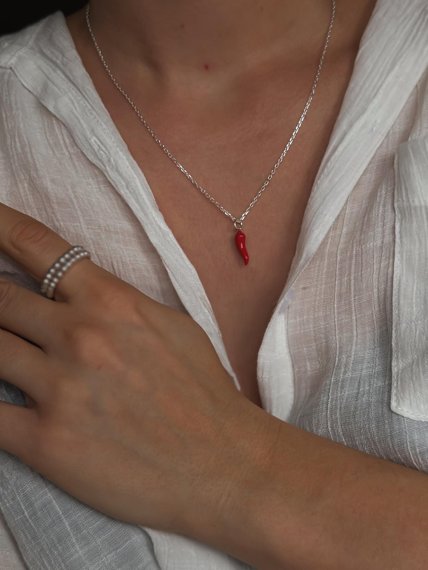 Italian Red Cornetto (Italian Horn) Necklace, Malocchio Necklace, Dainty Necklace
