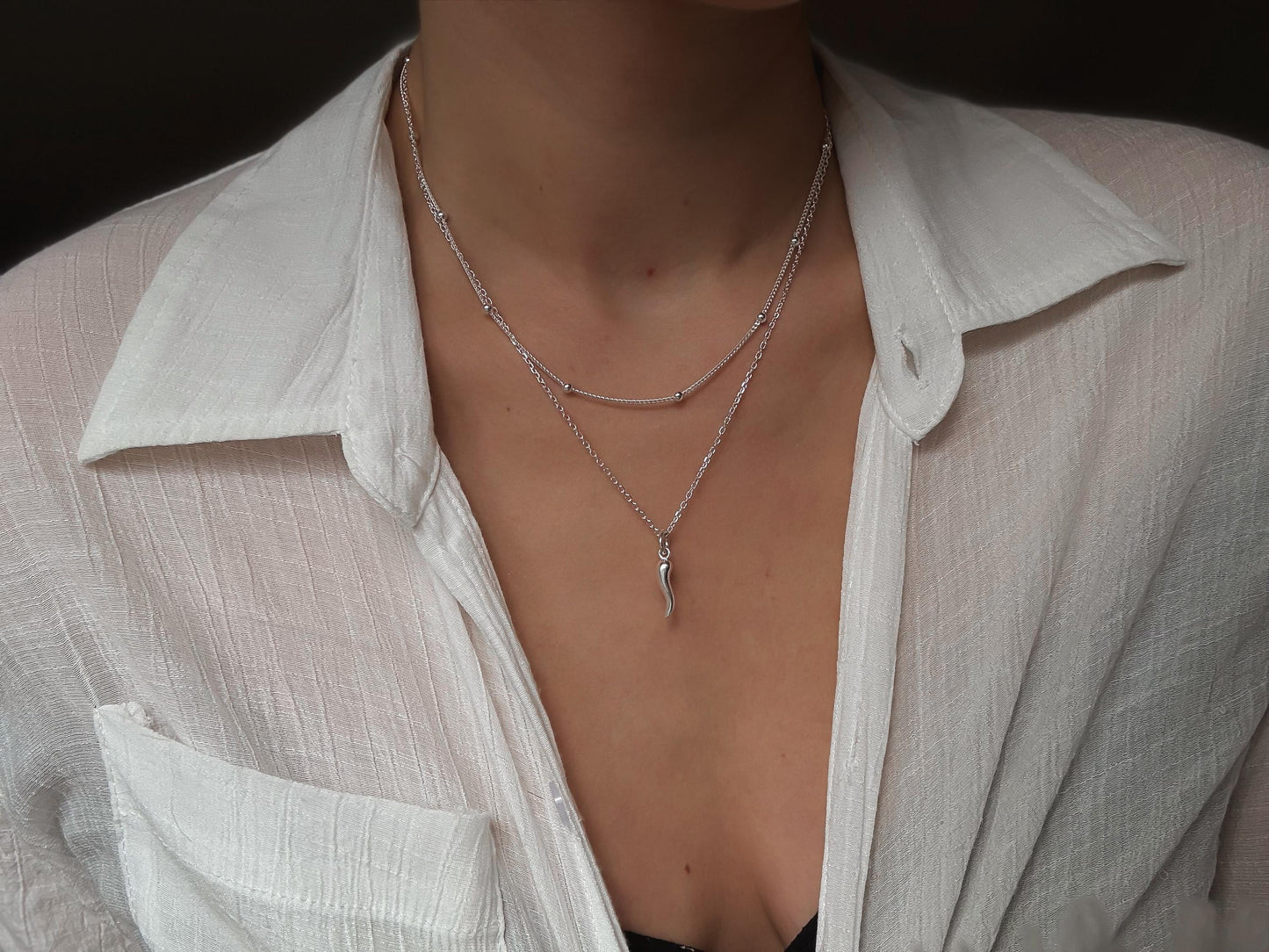 Italian Silver Cornetto (Italian Horn) Necklace, Malocchio Necklace, Dainty Necklace