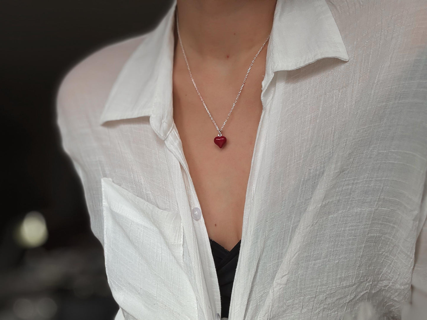 Italian Red Puff Heart Necklace, Red Heart Necklace, Dainty Necklace
