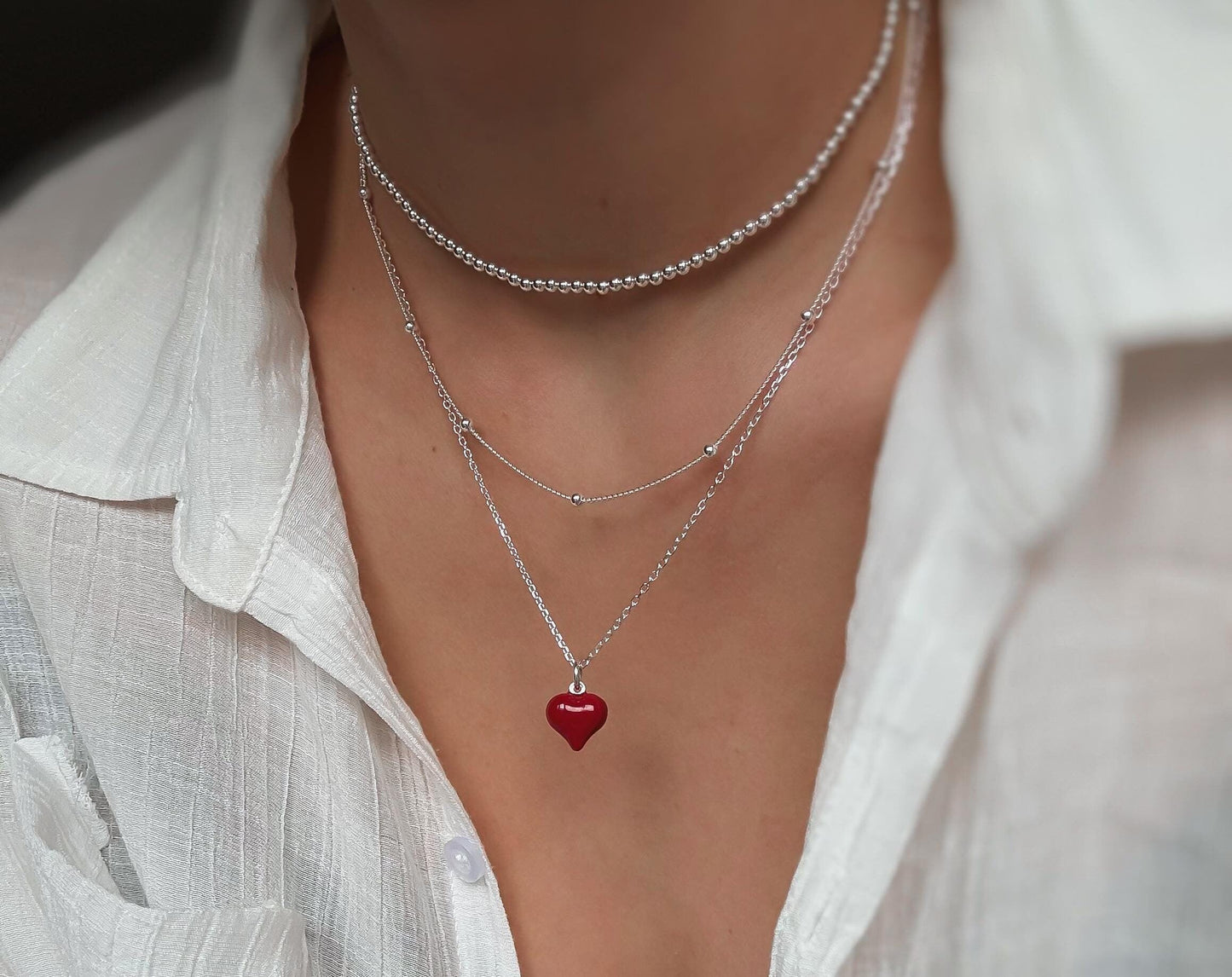 Italian Red Puff Heart Necklace, Red Heart Necklace, Dainty Necklace