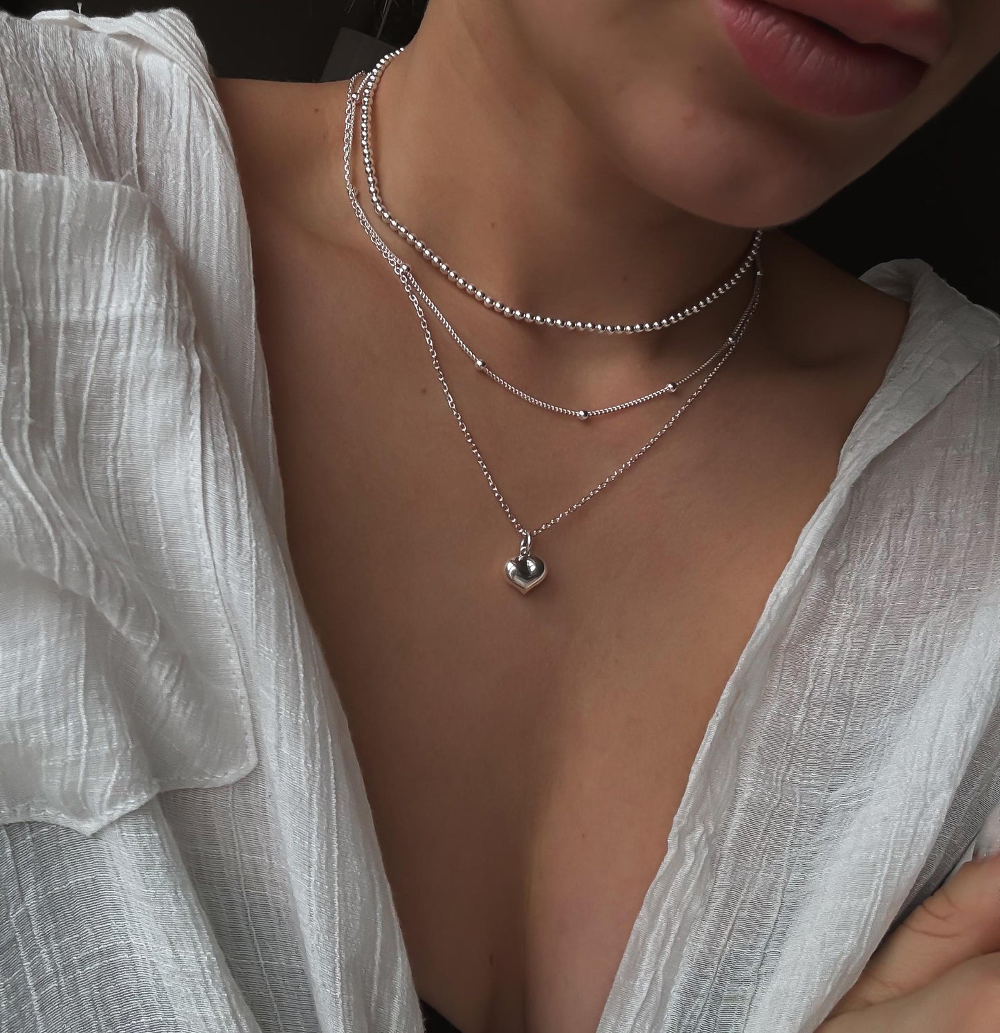 Italian Silver Puff Heart Necklace, Heart Necklace, Dainty Necklace