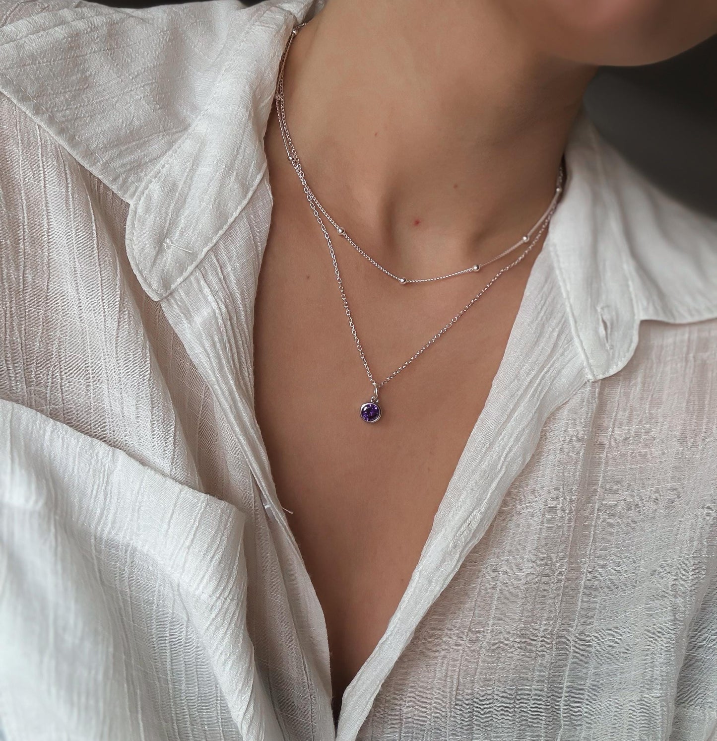 Italian Silver CZ Birthstone Necklace, Silver Necklace, Stacked Necklaces