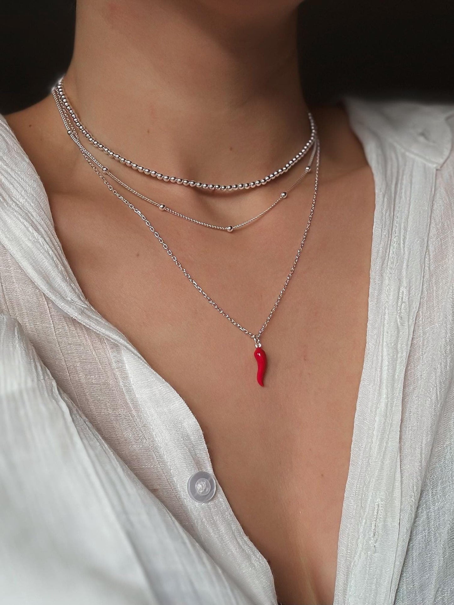 Italian Red Cornetto (Italian Horn) Necklace, Malocchio Necklace, Dainty Necklace