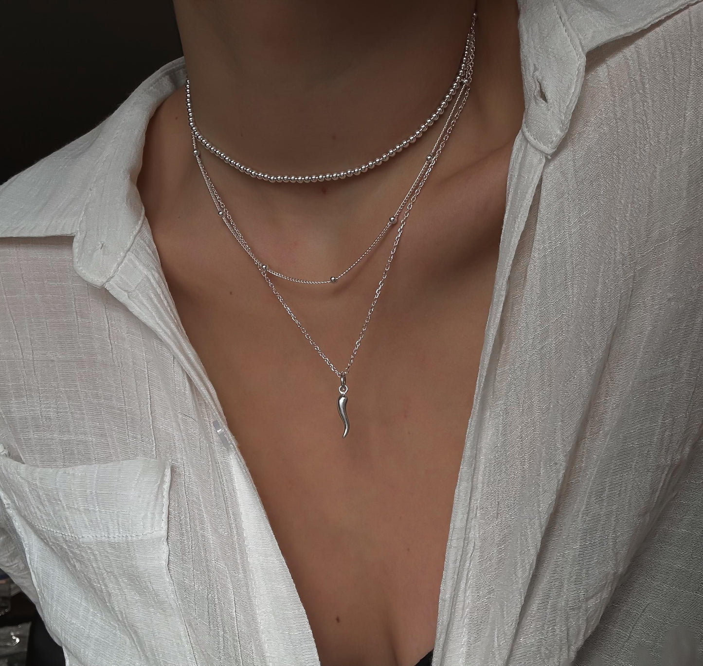 Italian Silver Cornetto (Italian Horn) Necklace, Malocchio Necklace, Dainty Necklace