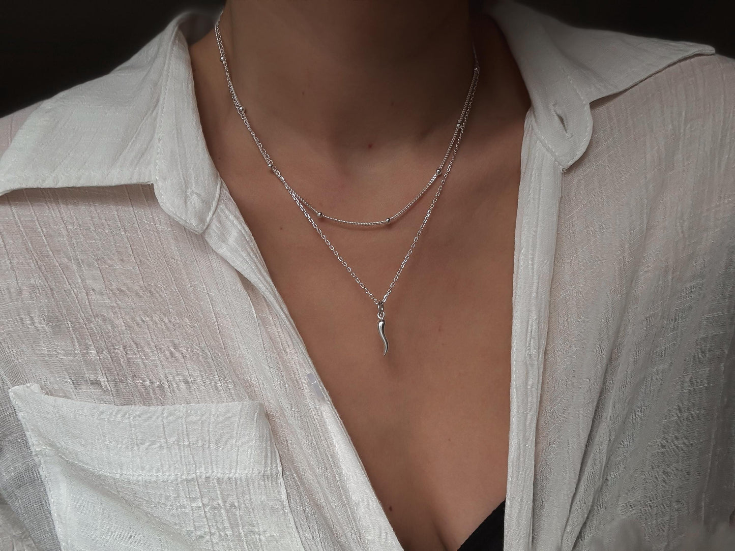 Italian Silver Cornetto (Italian Horn) Necklace, Malocchio Necklace, Dainty Necklace