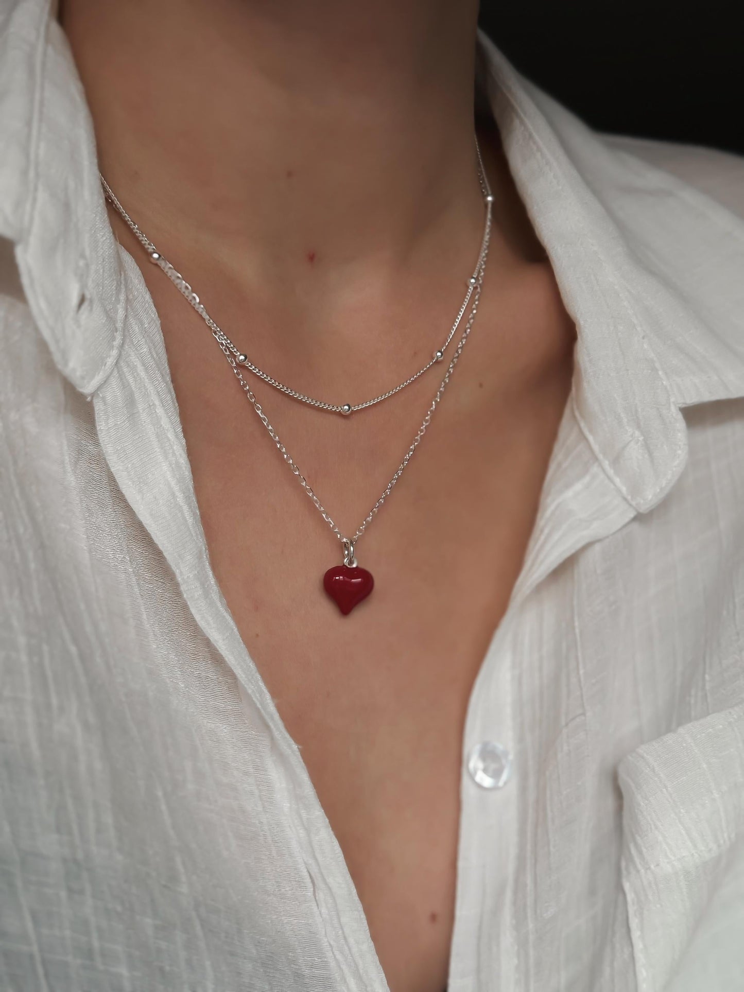 Italian Red Puff Heart Necklace, Red Heart Necklace, Dainty Necklace