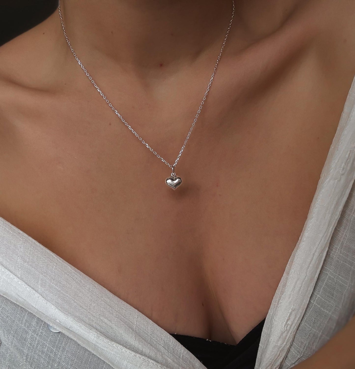 Italian Silver Puff Heart Necklace, Heart Necklace, Dainty Necklace