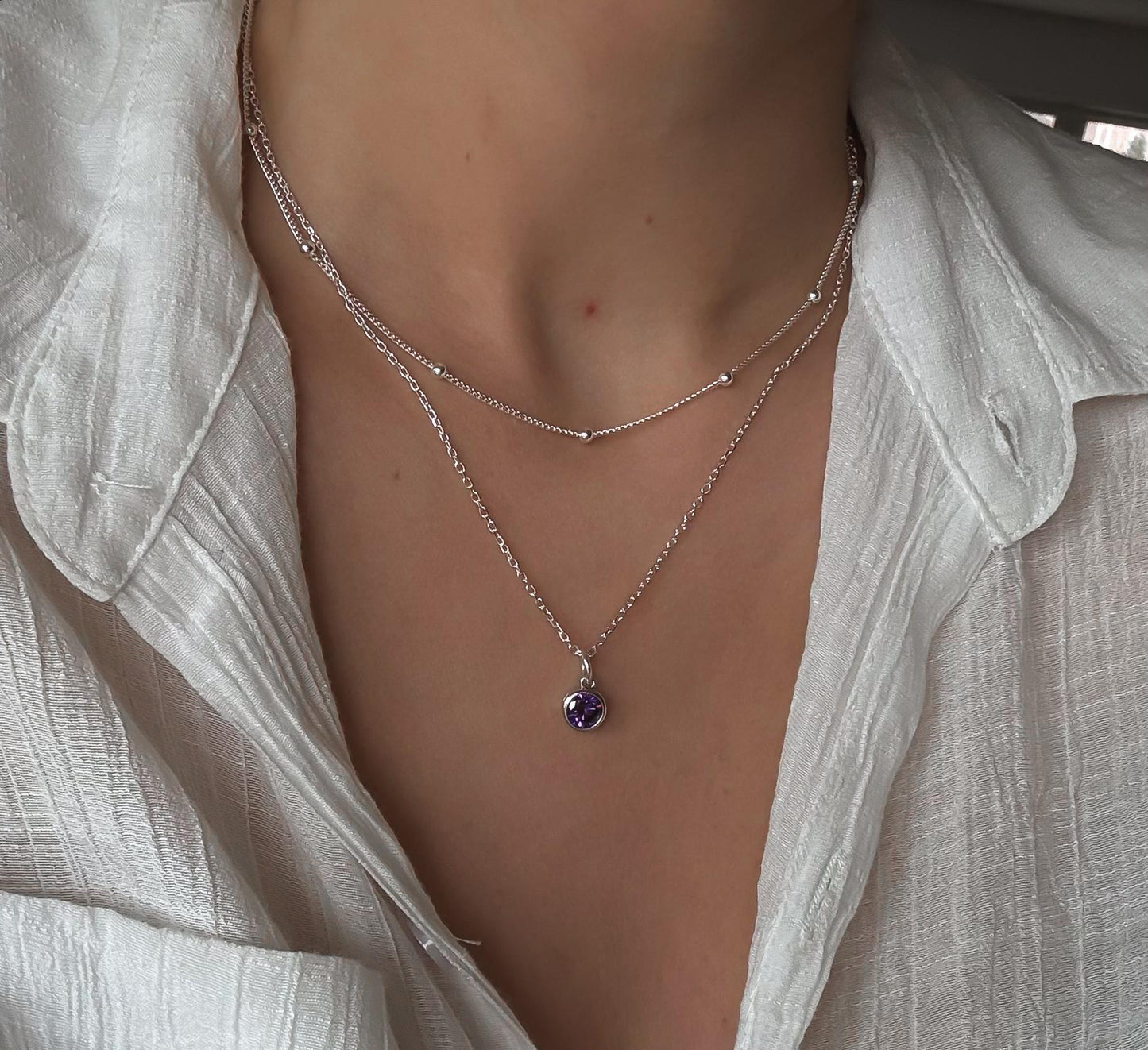 Italian Silver CZ Birthstone Necklace, Silver Necklace, Stacked Necklaces