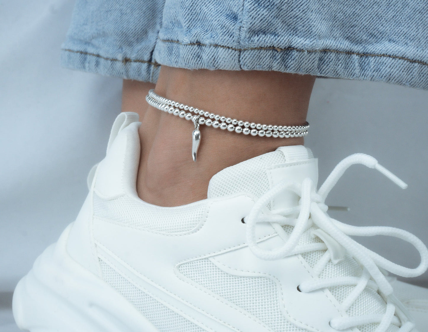 Silver Stretch Silver Cornetto Anklet, Italian Horn Anklet, Malocchio Anklet