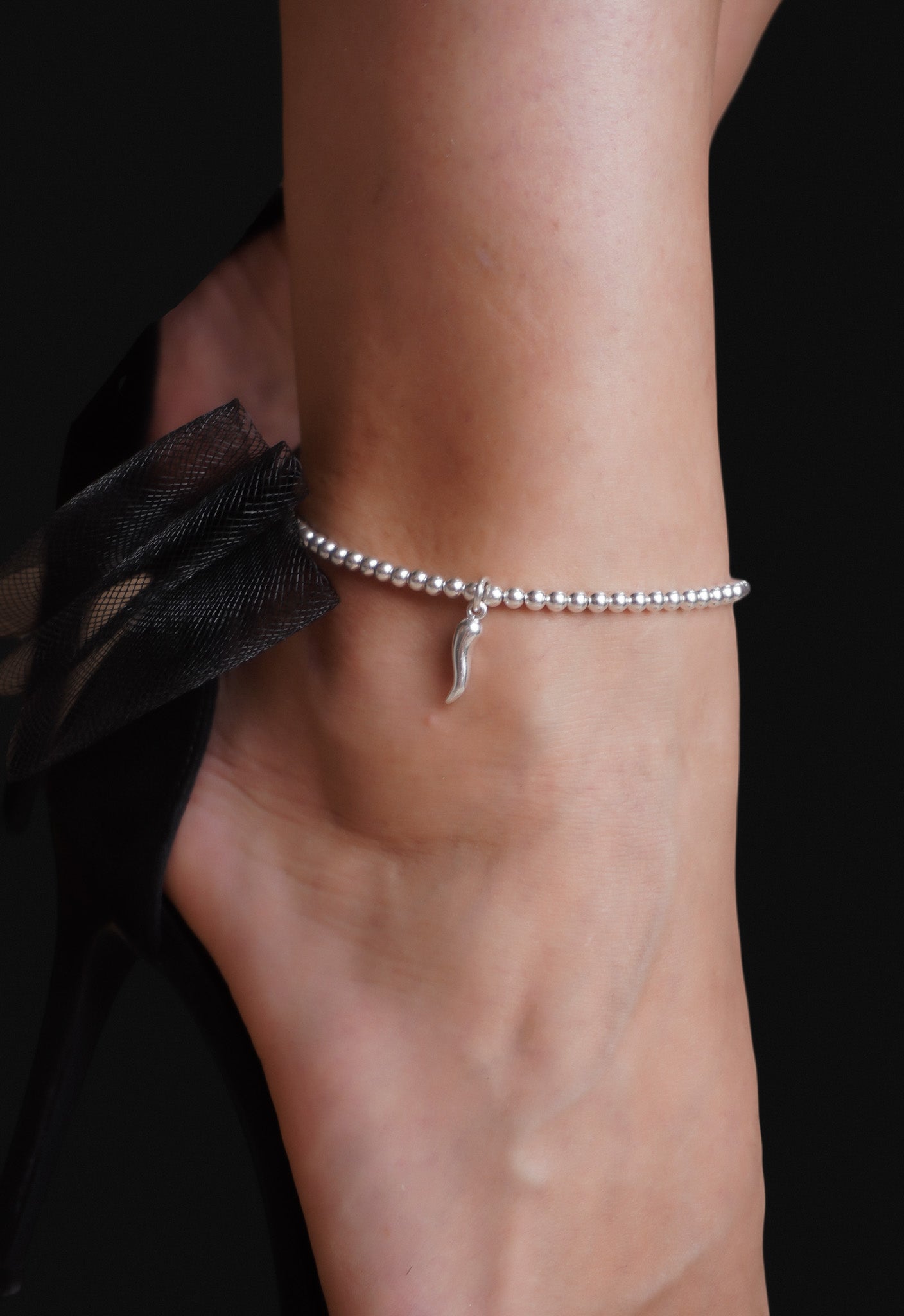 Silver Stretch Silver Cornetto Anklet, Italian Horn Anklet, Malocchio Anklet