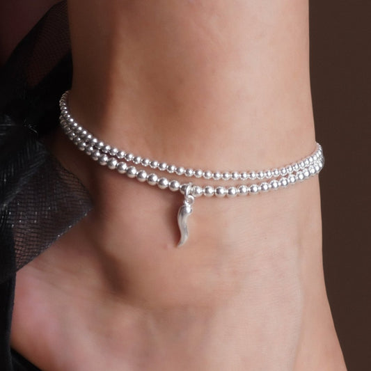 Silver Stretch Silver Cornetto Anklet, Italian Horn Anklet, Malocchio Anklet