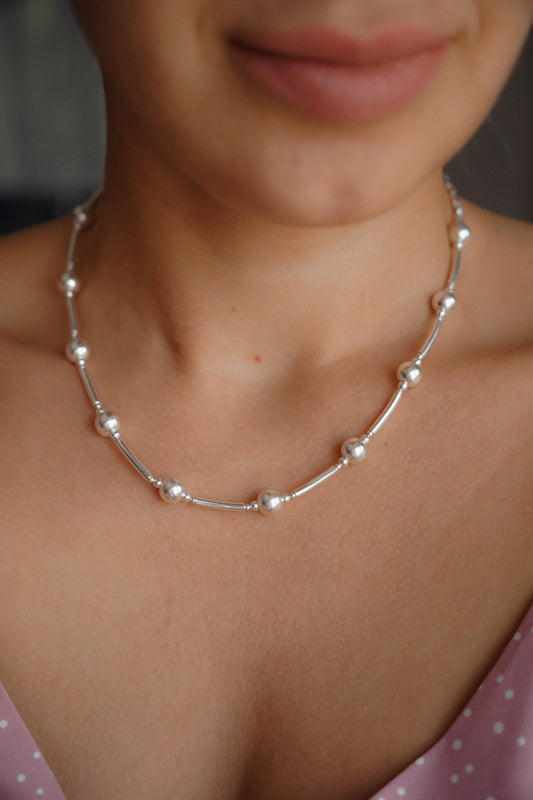 Silver Beaded Tube Necklace with Clasp, Sterling Silver Necklace, Necklaces