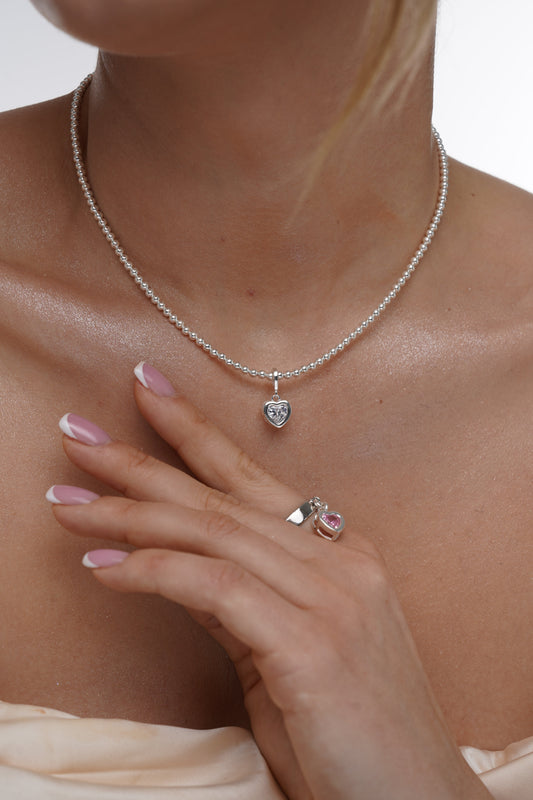 CZ Birthstone Heart Stretch Necklace w/ clasp, Birthstone Necklace, 3mm Sterling Silver Necklace, Heart Necklace