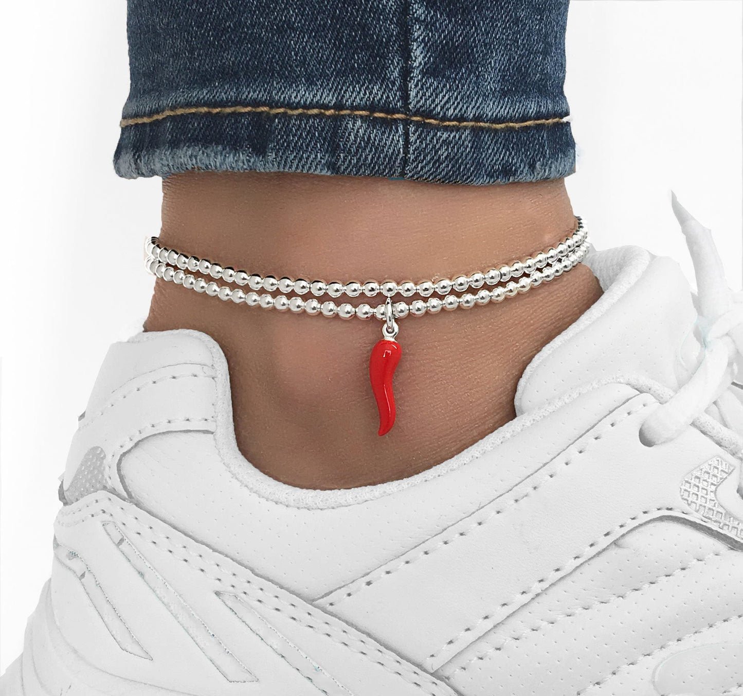 Silver Stretch Red Cornetto Anklet, Italian Horn Anklet, Malocchio Anklet