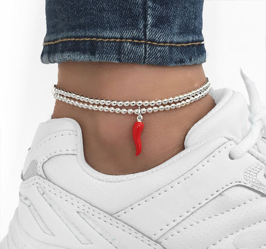 Silver Stretch Red Cornetto Anklet, Italian Horn Anklet, Malocchio Anklet