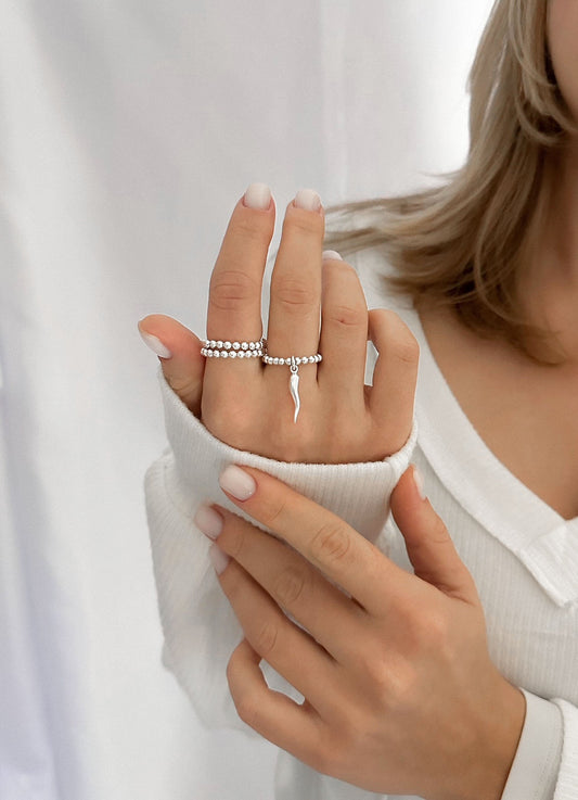 Silver Cornetto Stretch Charm Ring, Italian Horn, Silver Rings, Stacked Rings
