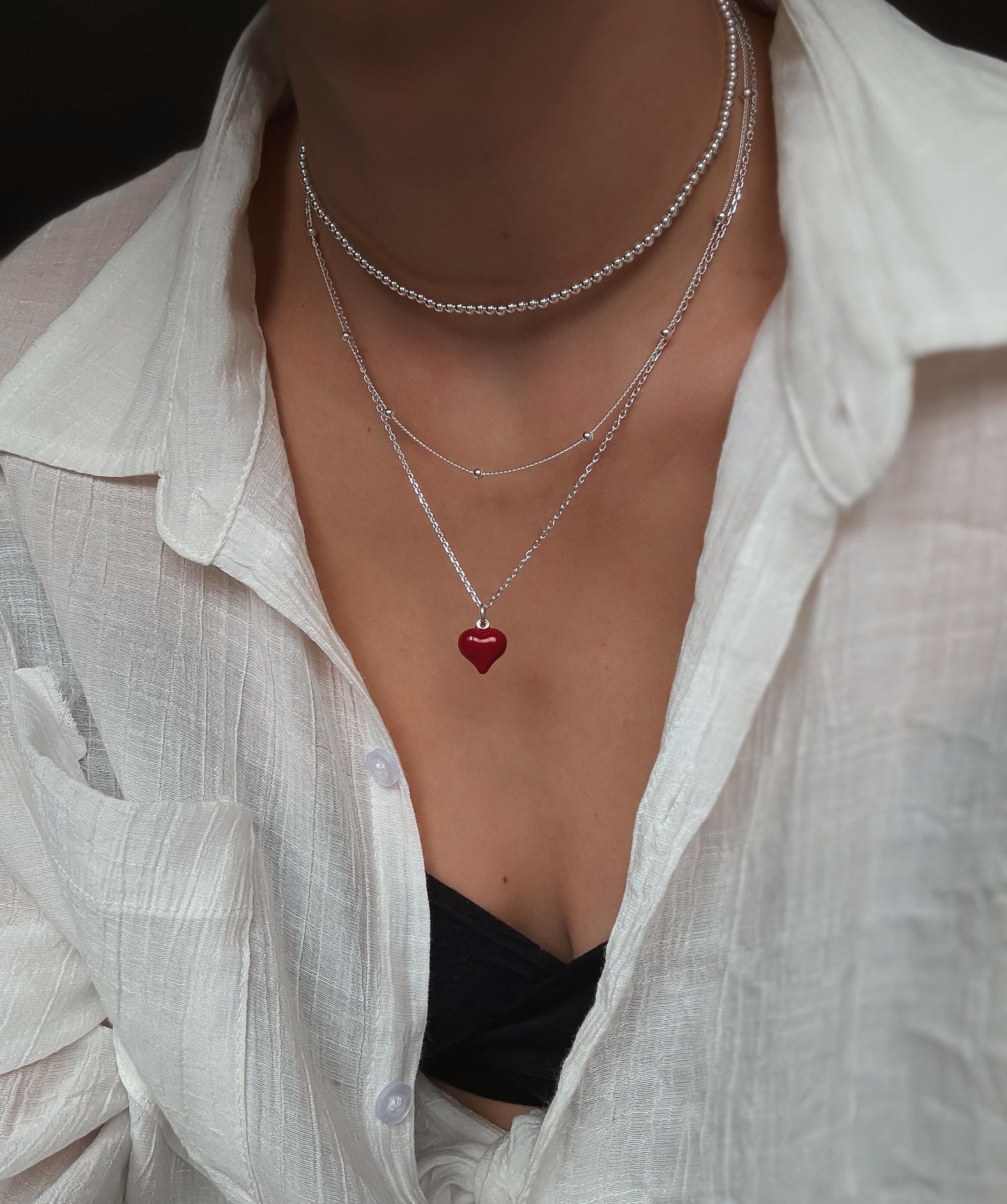 Italian  Red Puff Heart Necklace, Red Heart Necklace, Dainty Necklace