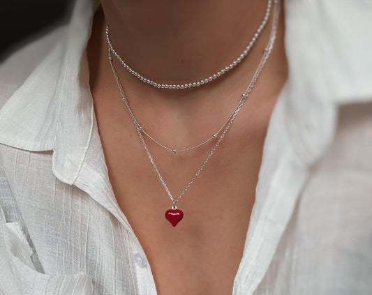 Italian  Red Puff Heart Necklace, Red Heart Necklace, Dainty Necklace