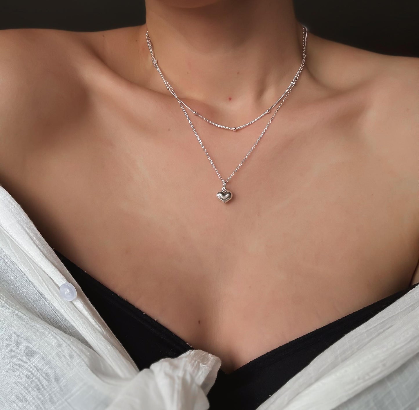 Italian  Silver Puff Heart Necklace, Heart Necklace, Dainty Necklace