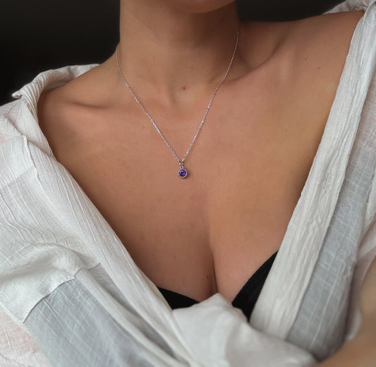 Italian  Silver CZ Birthstone Necklace, Silver Necklace, Stacked Necklaces