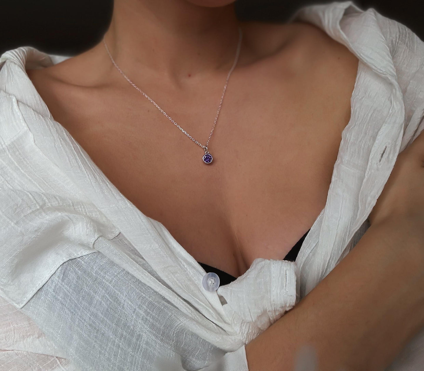 Italian  Silver CZ Birthstone Necklace, Silver Necklace, Stacked Necklaces