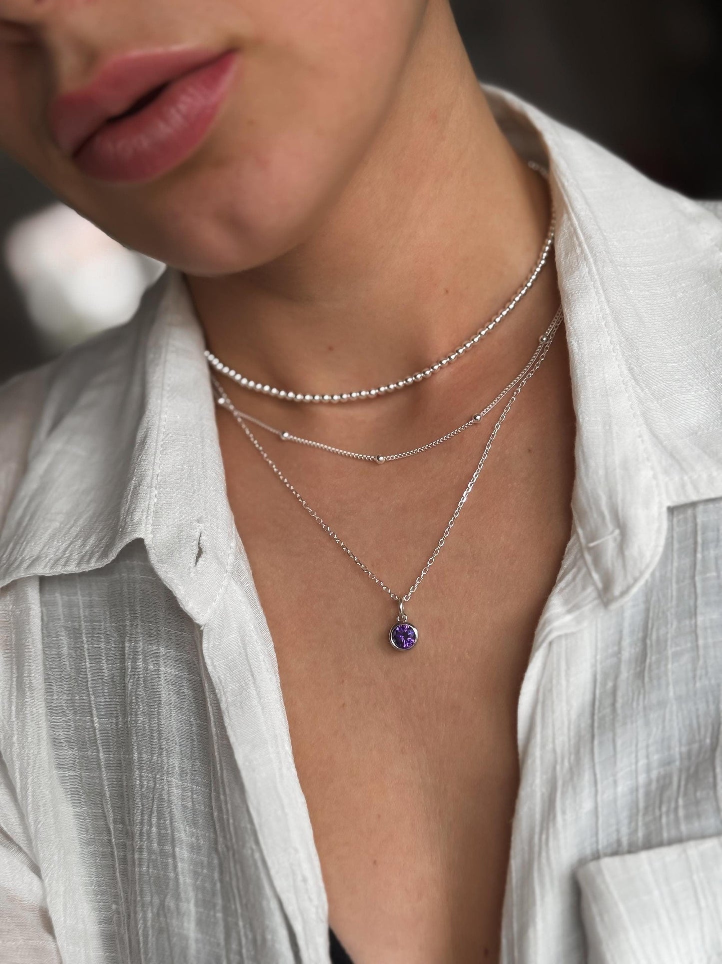 Italian  Silver CZ Birthstone Necklace, Silver Necklace, Stacked Necklaces