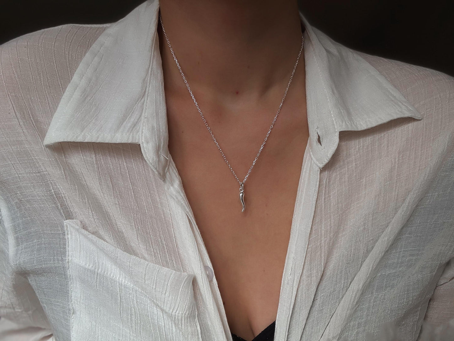 Italian  Silver Cornetto (Italian Horn) Necklace, Malocchio Necklace, Dainty Necklace