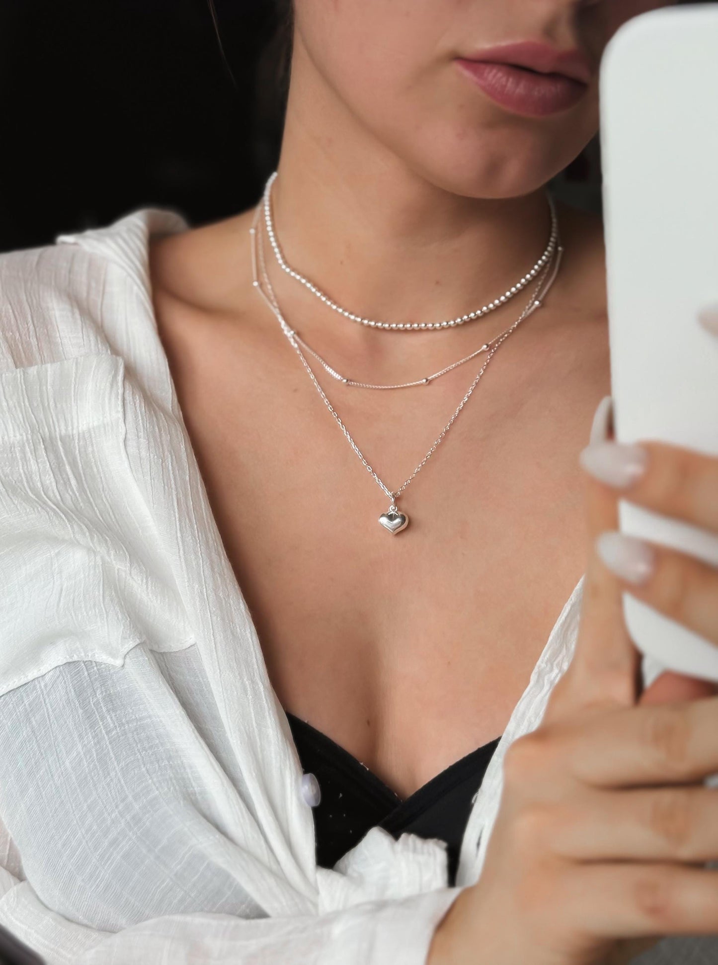 Italian  Silver Puff Heart Necklace, Heart Necklace, Dainty Necklace