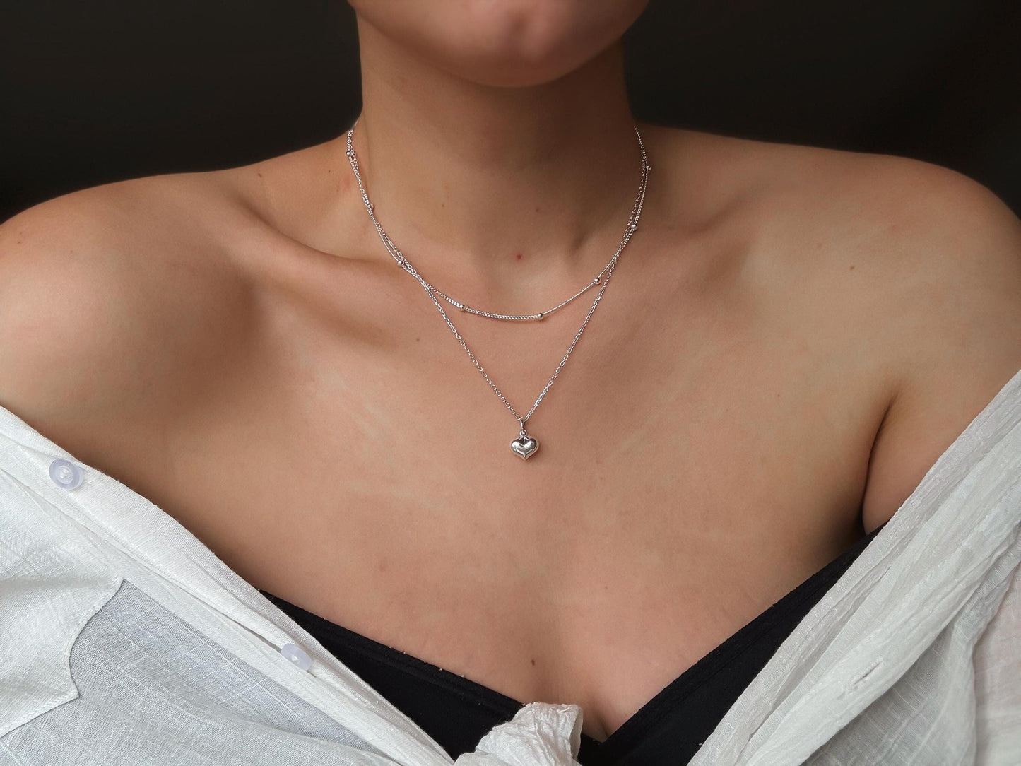 Italian  Silver Puff Heart Necklace, Heart Necklace, Dainty Necklace