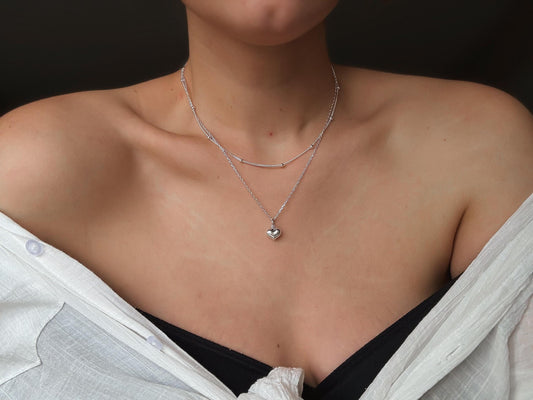 Italian  Silver Puff Heart Necklace, Heart Necklace, Dainty Necklace