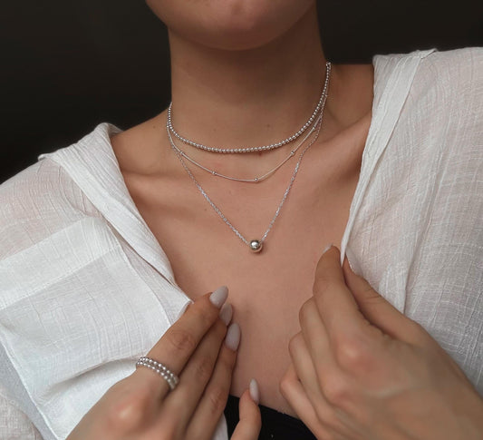 ItalianSilver Floating Bead Necklace, Dainty Necklace, Stacked Necklaces