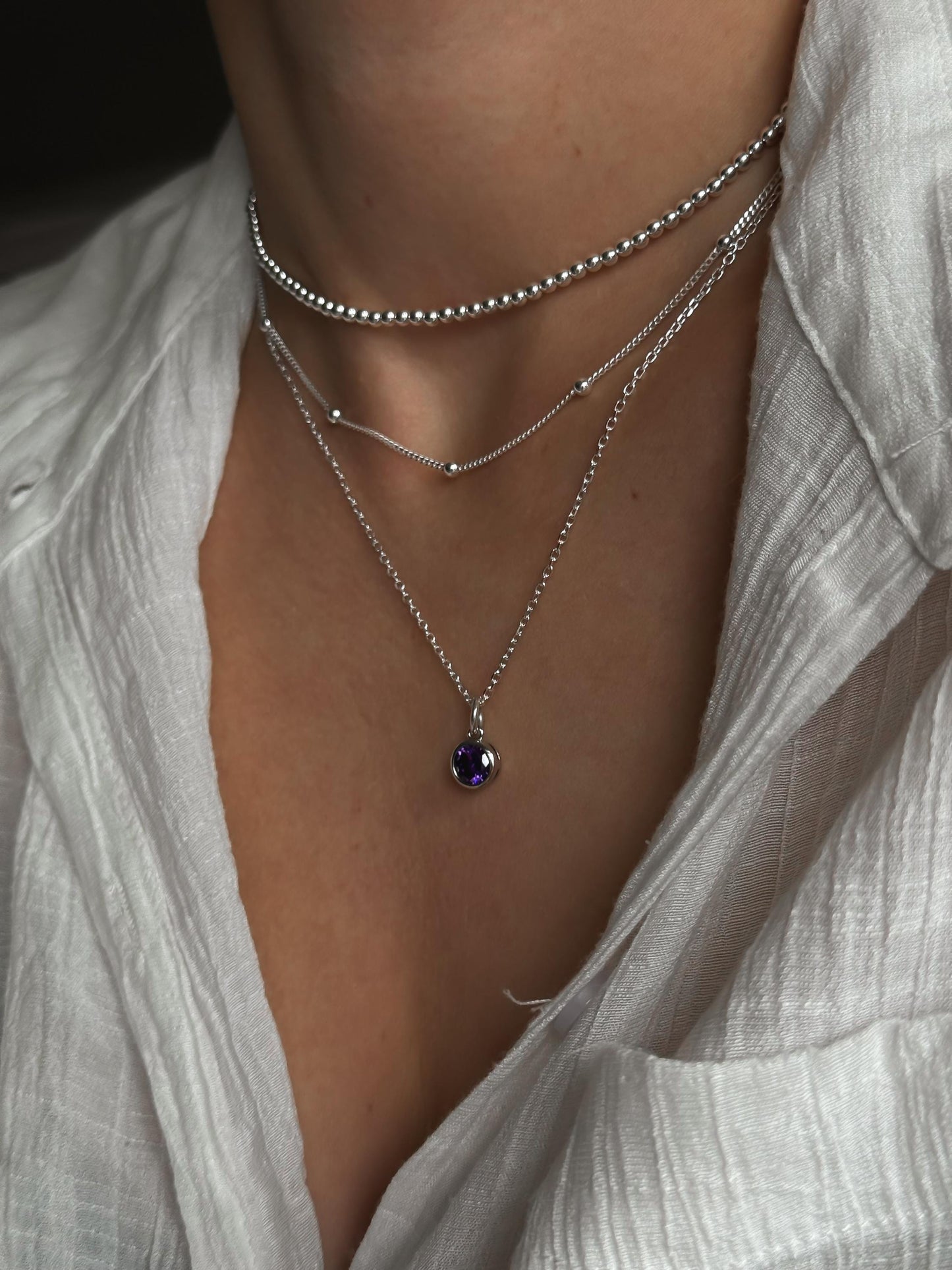 Italian  Silver CZ Birthstone Necklace, Silver Necklace, Stacked Necklaces