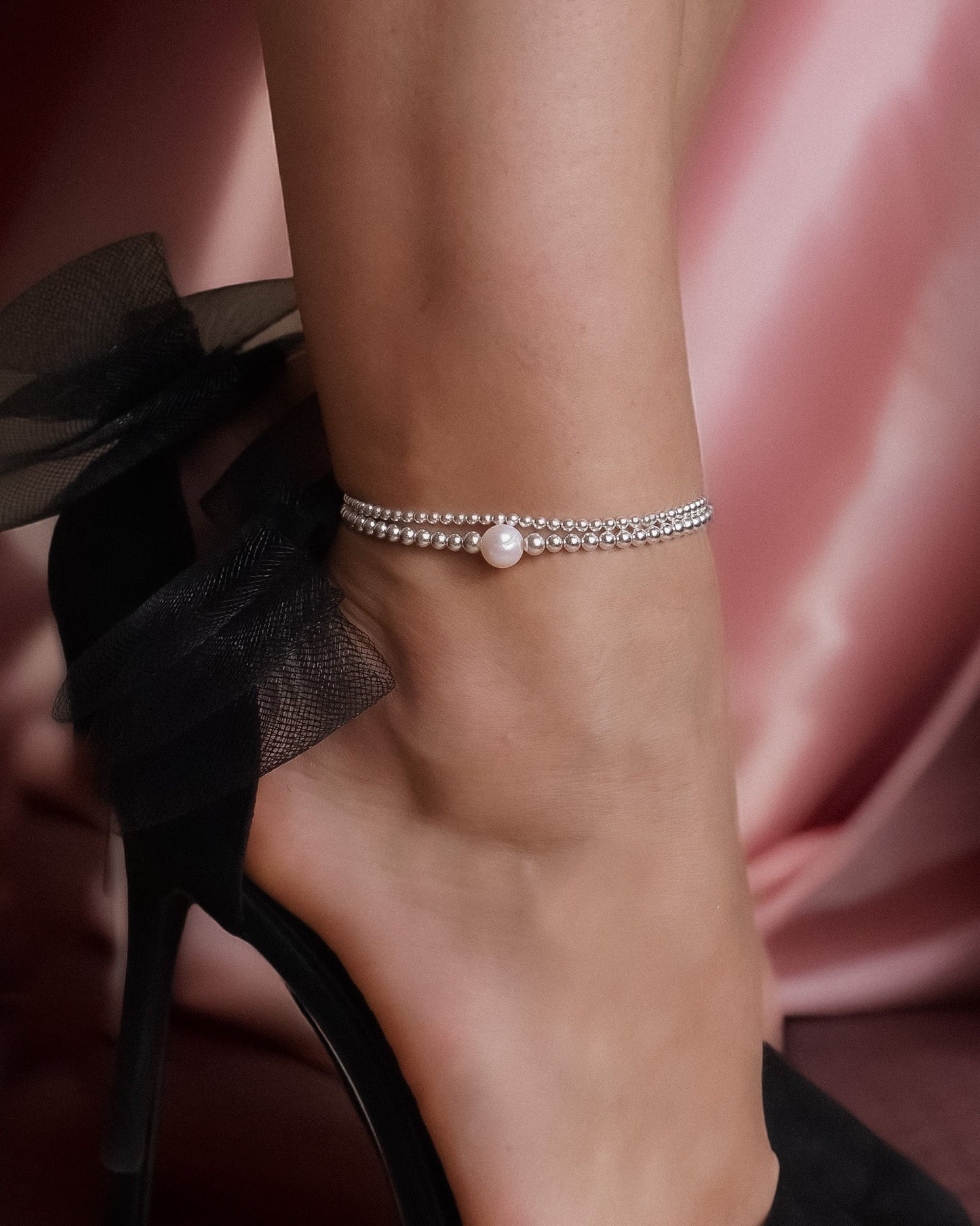 Silver Anklet w/ Freshwater Pearl, Anklet, Sterling Silver Anklet, Heart Anklet